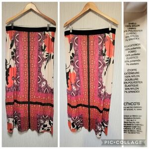 CHICOS SIZE 2, PERSIMMON ORANGE AND CREAM FLORAL MAXI SKIRT, EUC